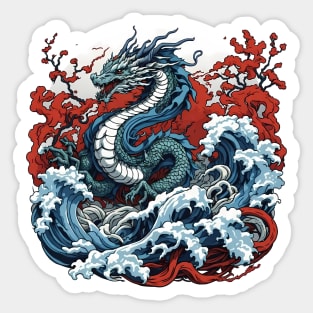 Dragon against the backdrop of a setting sun bathed in ocean waves Sticker